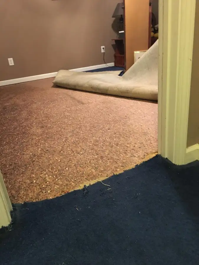 Carpet pad removal revealing water damage during Drying & Dehumidification in Eatonton